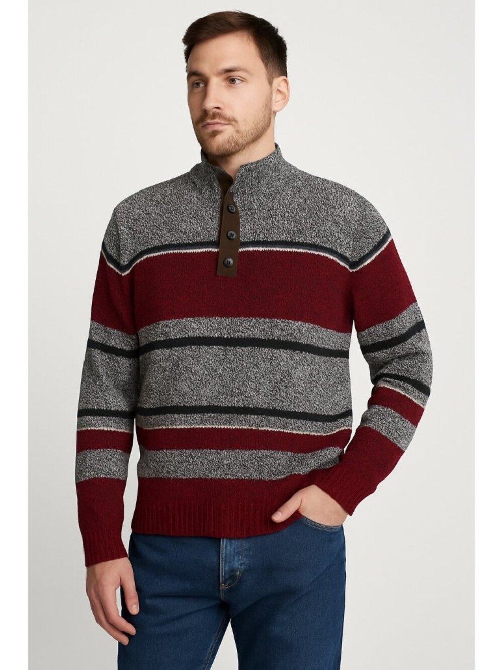 Chaps Ralph Lauren XL Men’s Mock Neck Sweater Burgundy Gray Striped